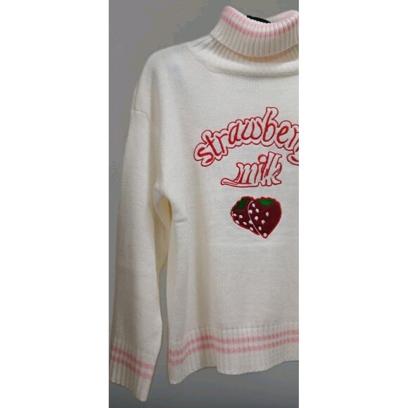 Strawberry Milk Turtleneck Sweater White Pink Kawaii Y2K Anime Style Large Mint - Picture 2 of 5